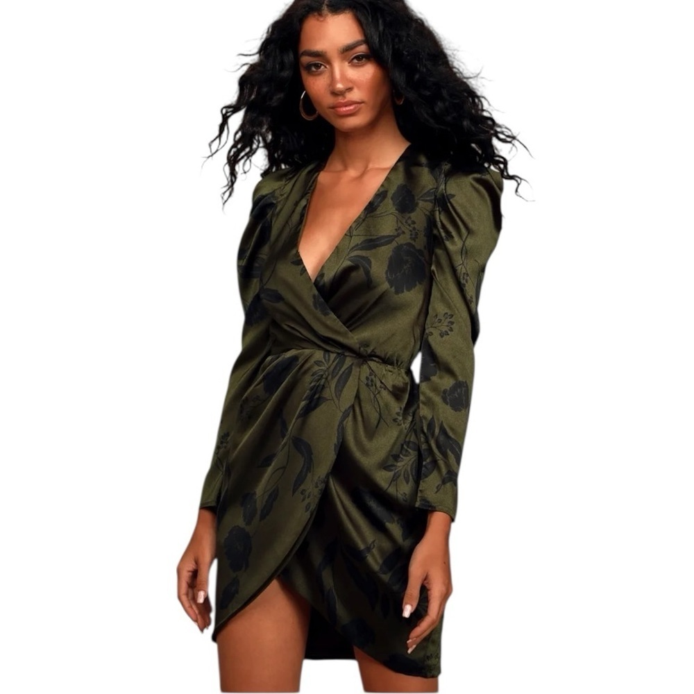 ASTR the Label - Jocelyn Olive Green Floral Puff Long Sleeve Mini Dress Sz XS